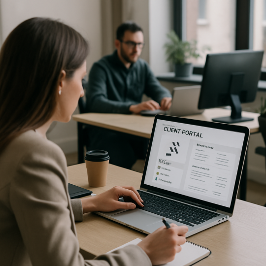 Attorney reviewing a secure law firm web portal dashboard on a laptop