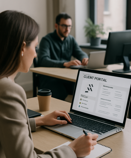 Attorney reviewing a secure law firm web portal dashboard on a laptop
