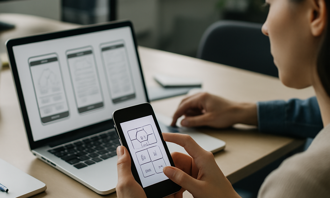 Designer sketching mobile navigation UX flows on a smartphone wireframe