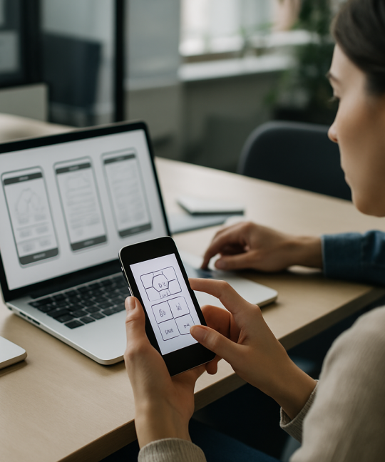 Designer sketching mobile navigation UX flows on a smartphone wireframe