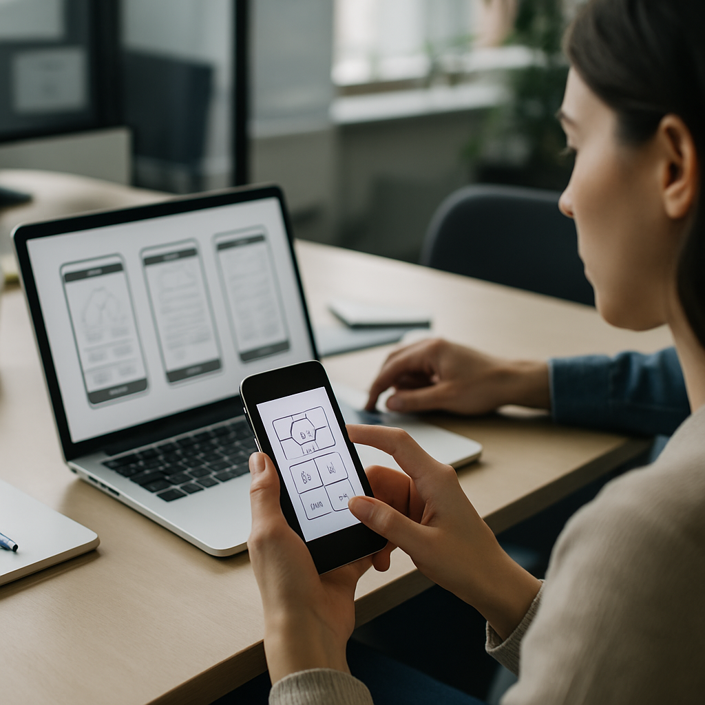 Designer sketching mobile navigation UX flows on a smartphone wireframe