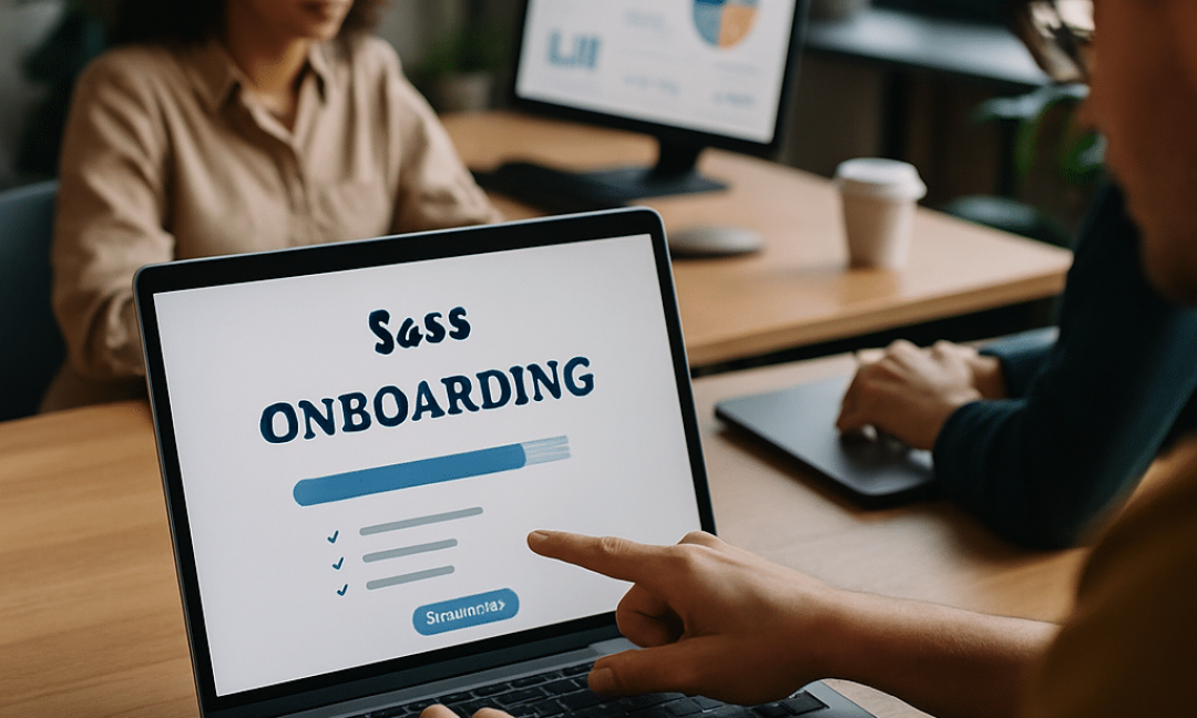 SaaS onboarding UX flow showing a welcome screen and progress indicator on a laptop