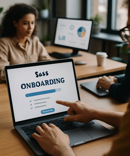 SaaS onboarding UX flow showing a welcome screen and progress indicator on a laptop