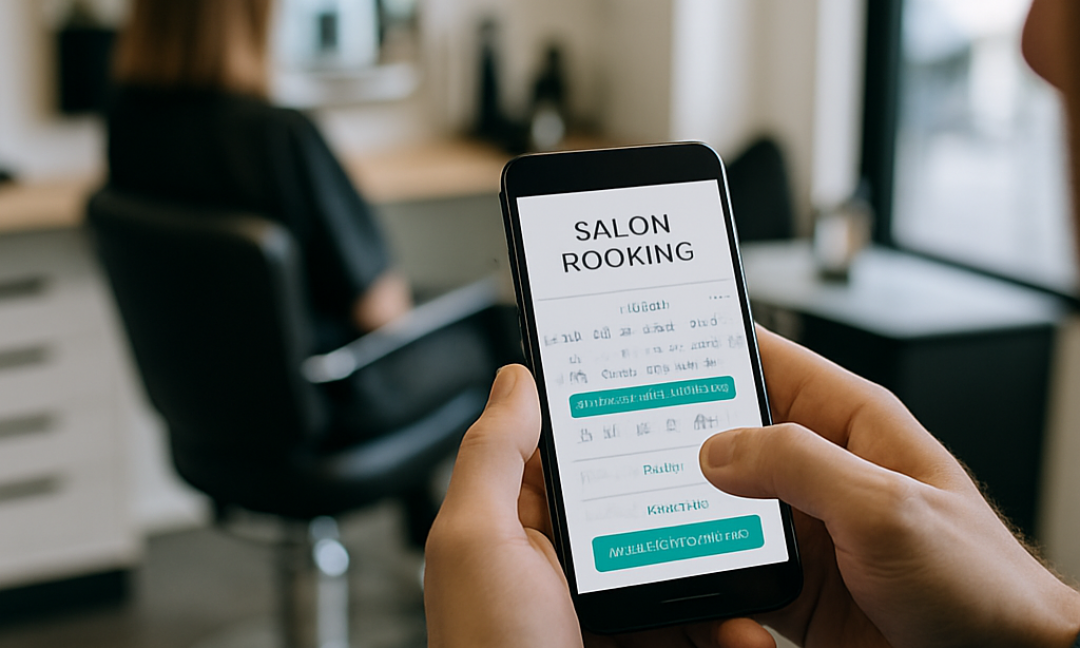 Stylist using a salon booking app on a tablet at the reception desk