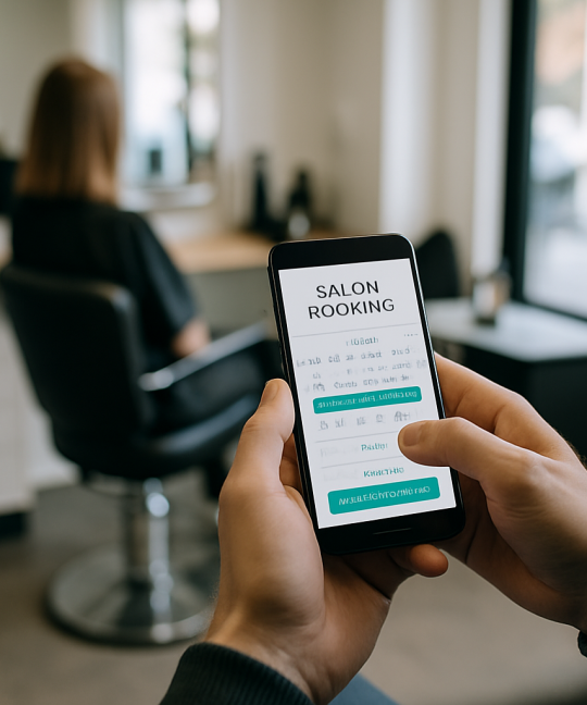 Stylist using a salon booking app on a tablet at the reception desk