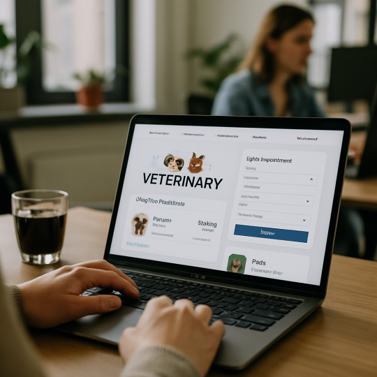 Pet owner using a veterinary web portal to book a vet appointment online
