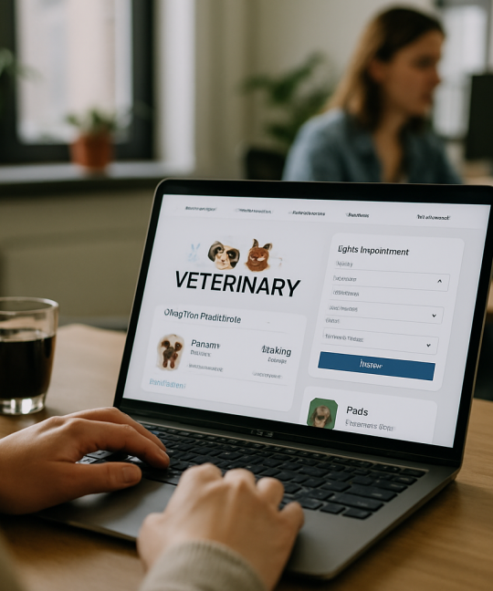 Pet owner using a veterinary web portal to book a vet appointment online