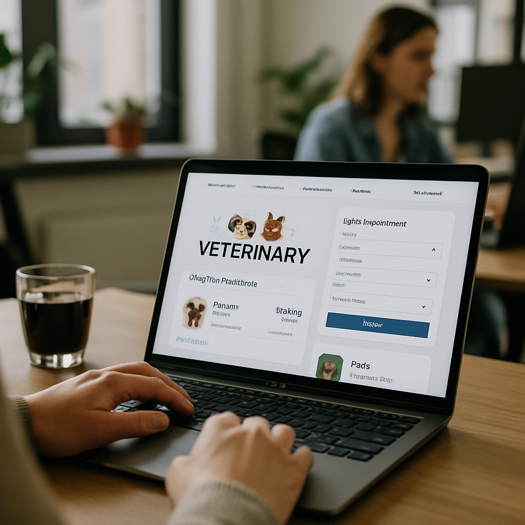 Pet owner using a veterinary web portal to book a vet appointment online