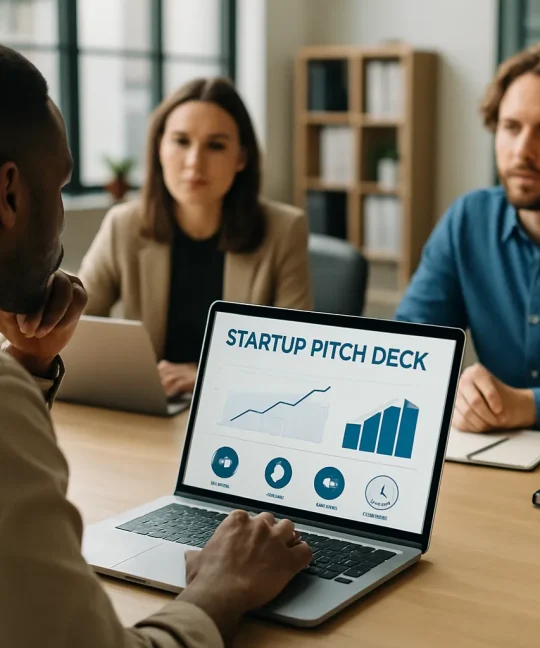 Founder presenting a startup pitch deck to investors on a projector screen