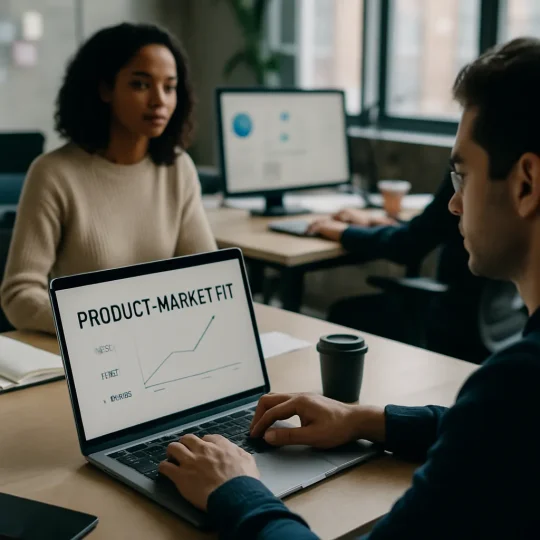 Founder reviewing charts that show product-market fit signals on a laptop dashboard