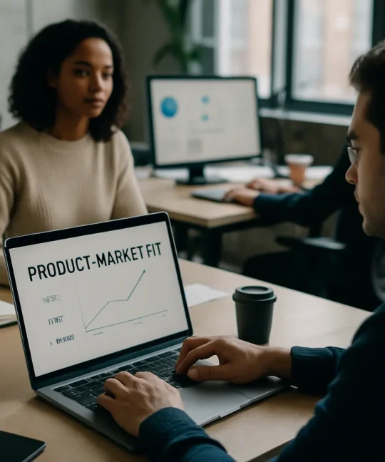 Founder reviewing charts that show product-market fit signals on a laptop dashboard