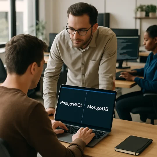 Developer comparing PostgreSQL vs MongoDB database features on a laptop screen