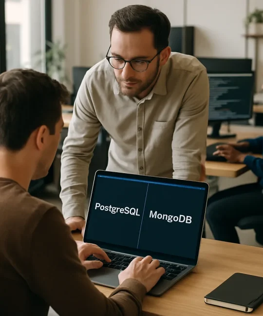 Developer comparing PostgreSQL vs MongoDB database features on a laptop screen