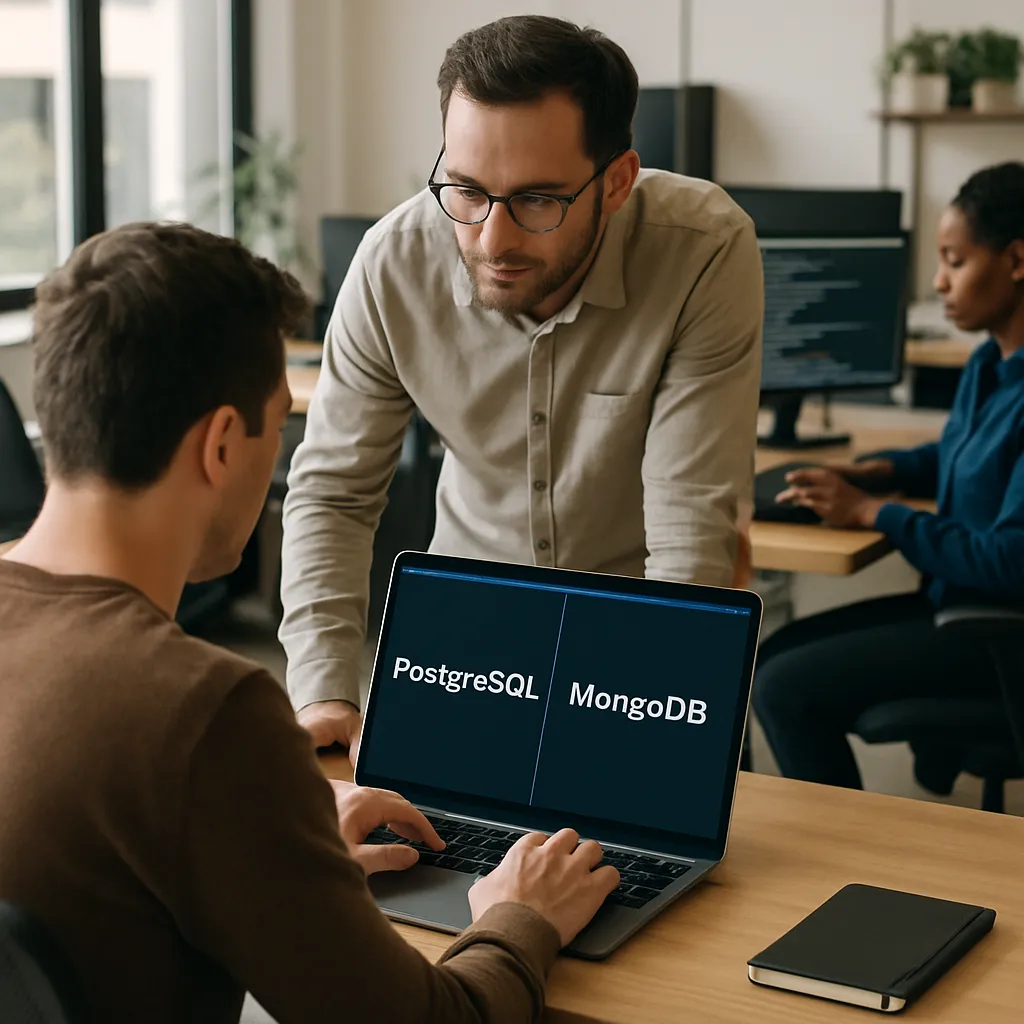 Developer comparing PostgreSQL vs MongoDB database features on a laptop screen