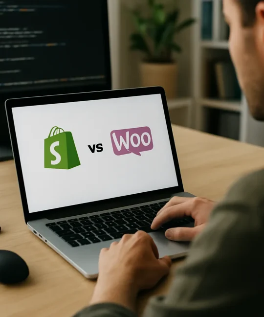 Side by side comparison chart showing Shopify vs WooCommerce differences for online store owners