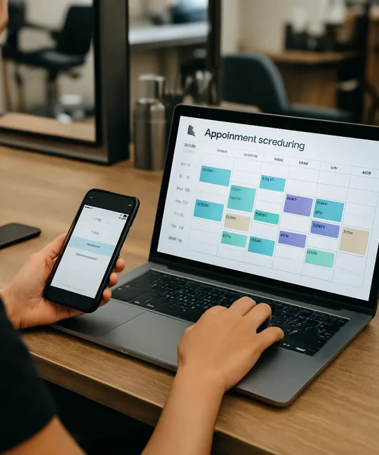 Salon receptionist using AI appointment scheduling software on a tablet