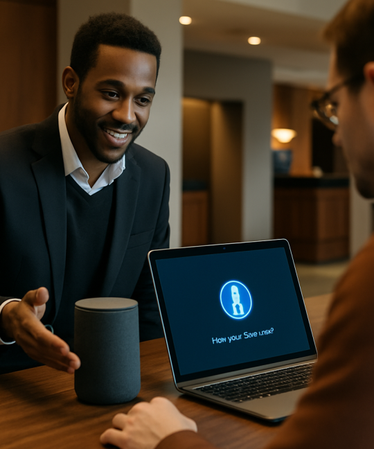 Guest using an AI voice assistant device in a modern hotel room