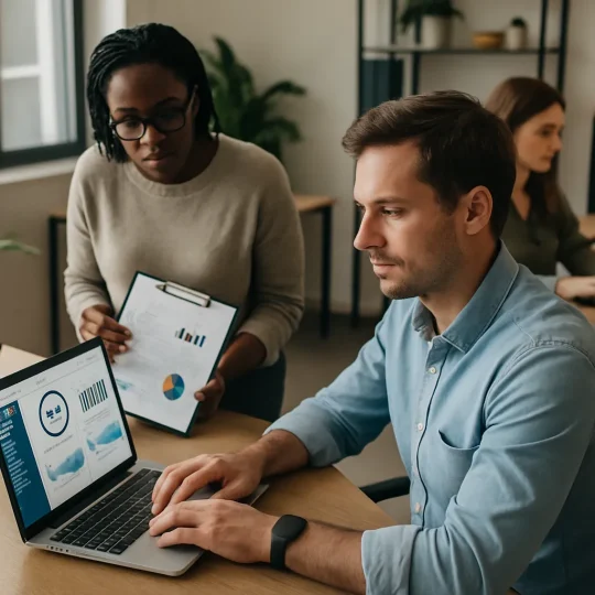 Insurance agent reviewing CRM selection dashboard on laptop with client policy data