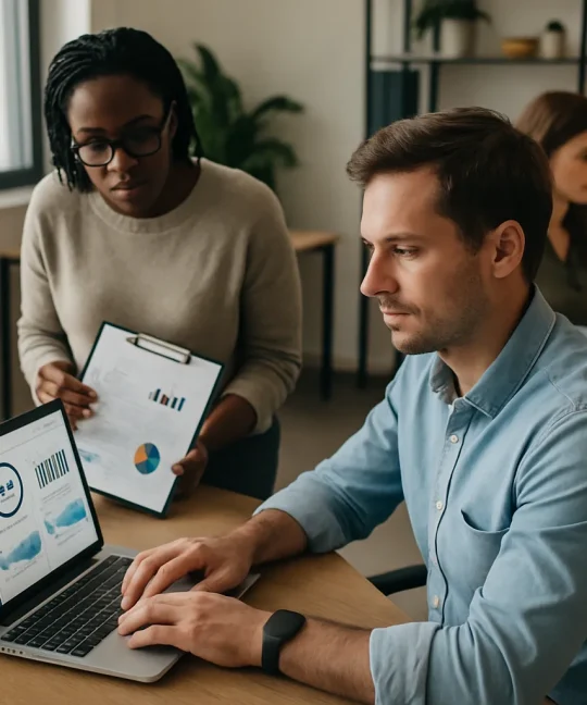 Insurance agent reviewing CRM selection dashboard on laptop with client policy data
