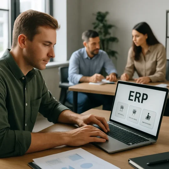 Warehouse manager reviewing ERP implementation dashboard on tablet in distribution center