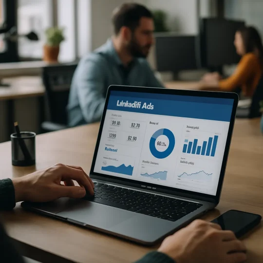 Marketer reviewing LinkedIn ads tactics dashboard for B2B lead generation in 2026