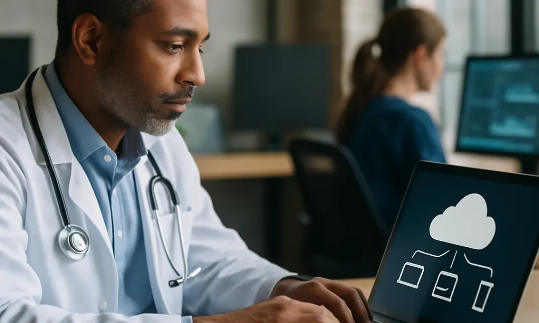 Healthcare IT team reviewing a multi-cloud strategy dashboard across hospital screens
