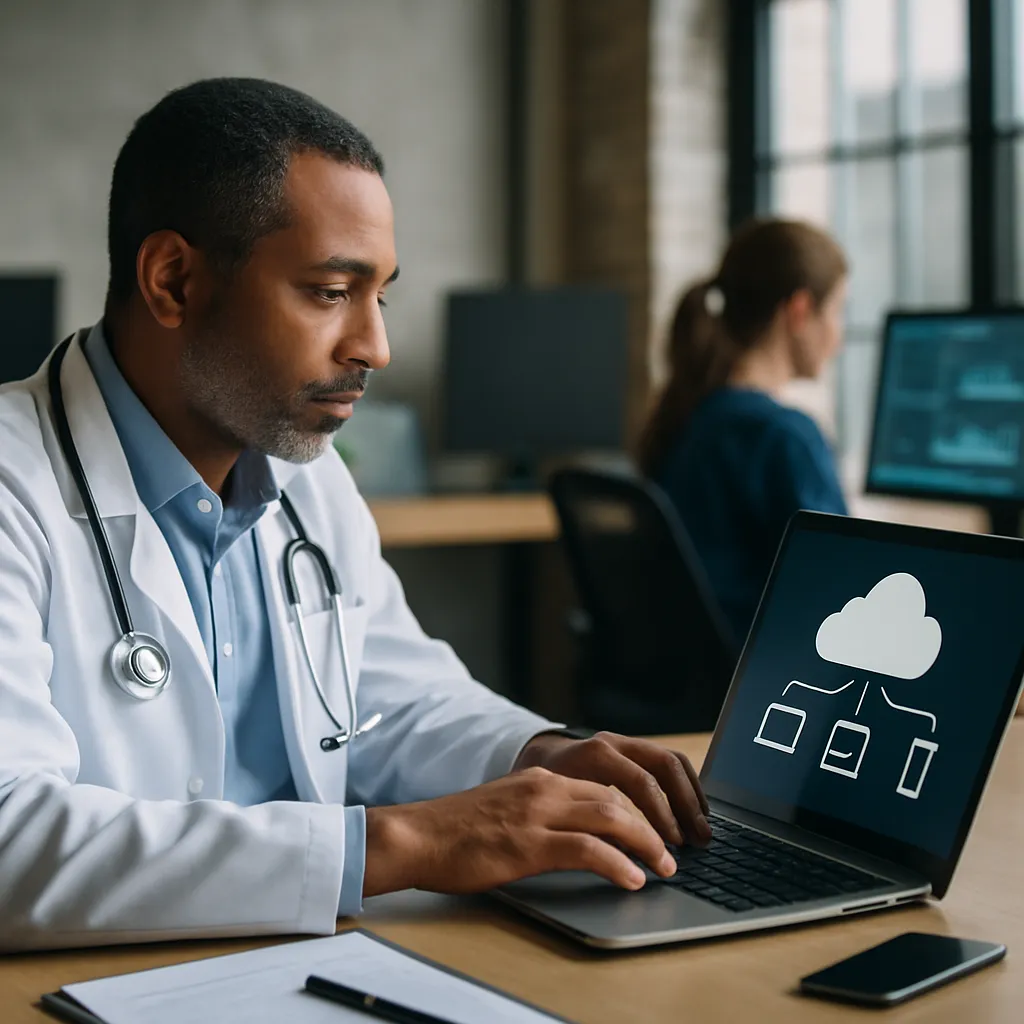 Healthcare IT team reviewing a multi-cloud strategy dashboard across hospital screens
