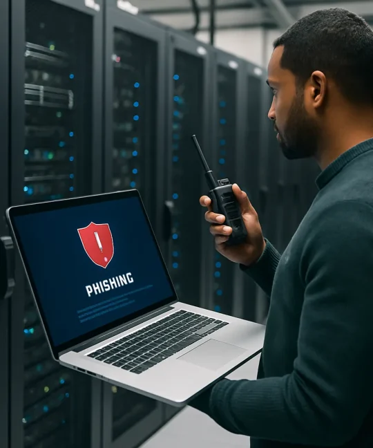 Real estate agent reviewing phishing prevention alerts on a laptop dashboard
