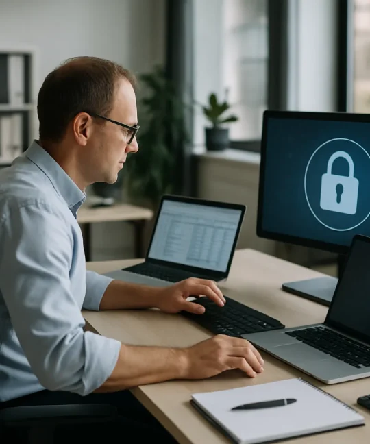 Accountant reviewing ransomware defense dashboard on secure laptop in modern firm office