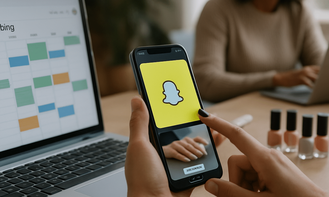 Nail technician working on a client with Snapchat ads for nail salons overlay graphics