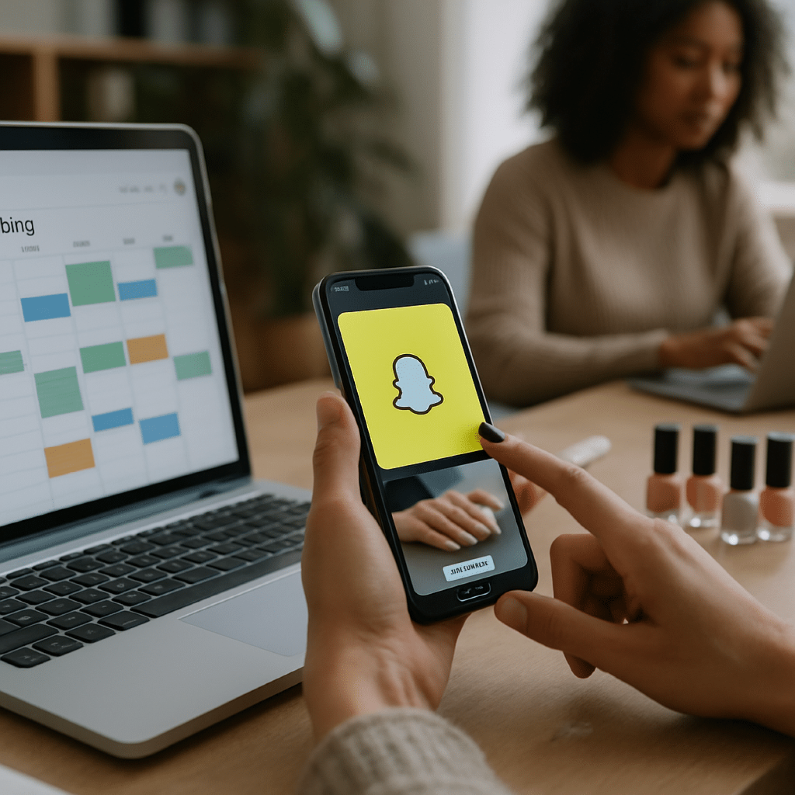 Nail technician working on a client with Snapchat ads for nail salons overlay graphics