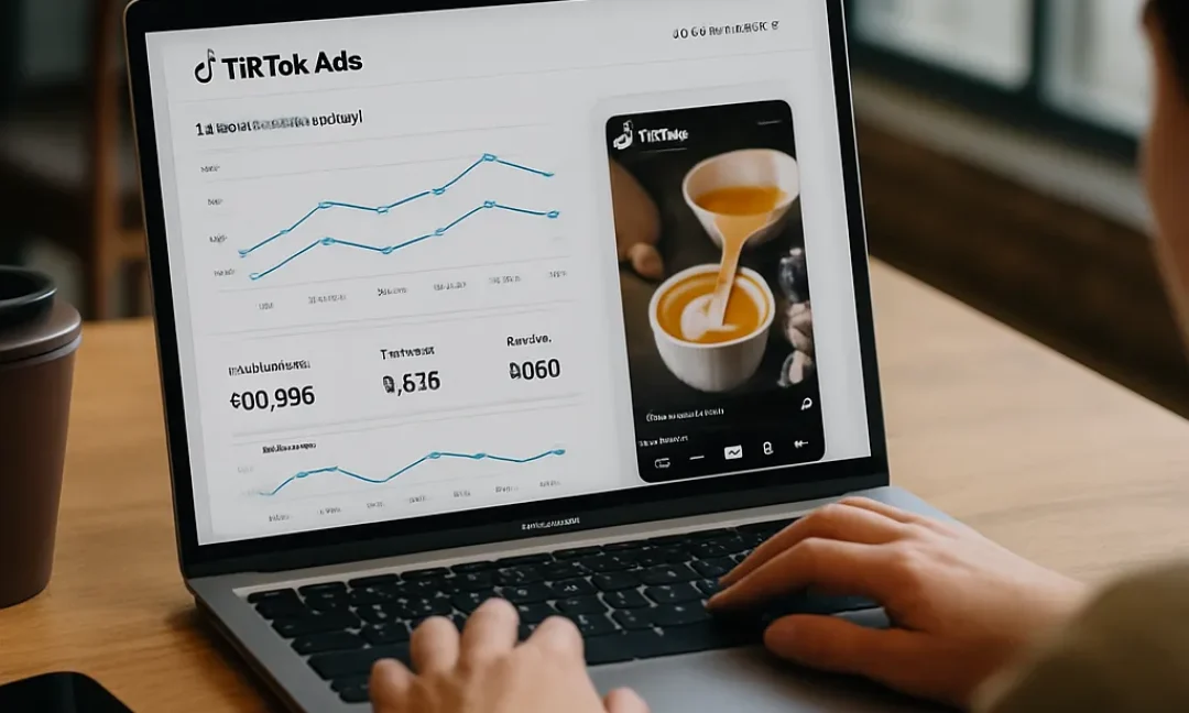 Barista filming a latte pour for a TikTok ads for coffee shops campaign