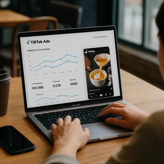 Barista filming a latte pour for a TikTok ads for coffee shops campaign