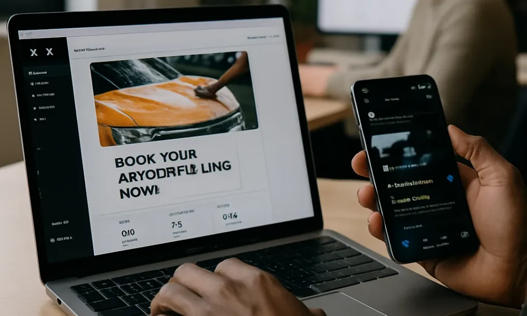 Auto detailer polishing a car with X Ads tactics dashboard overlay showing booking growth