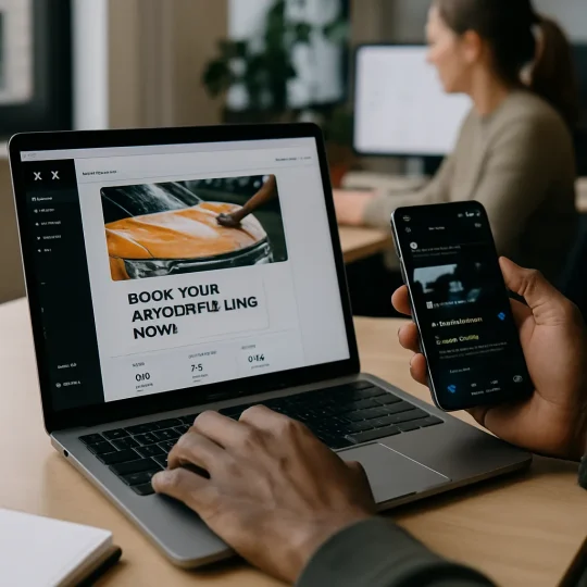 Auto detailer polishing a car with X Ads tactics dashboard overlay showing booking growth