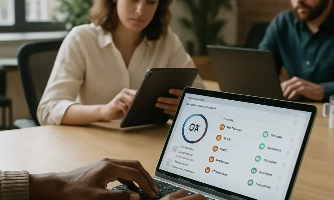 Designer reviewing accessibility UX wins on a laptop with contrast and focus state examples.