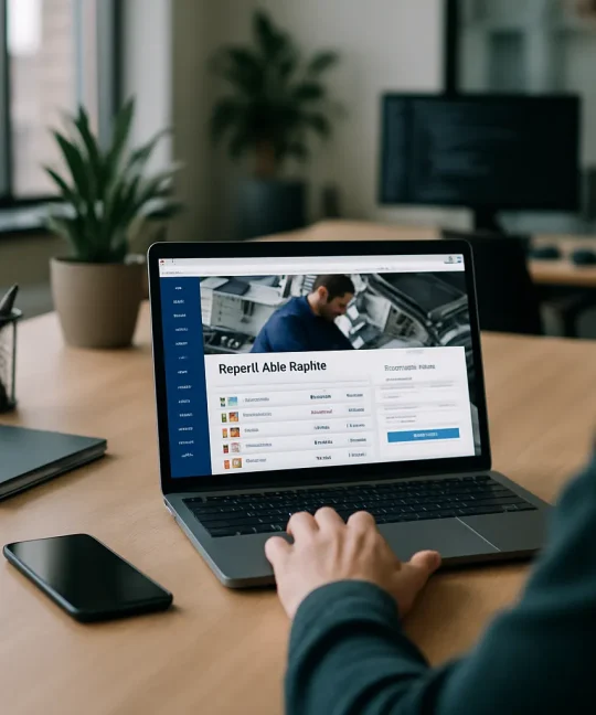 Mechanic using an auto repair web portal dashboard to manage customer bookings