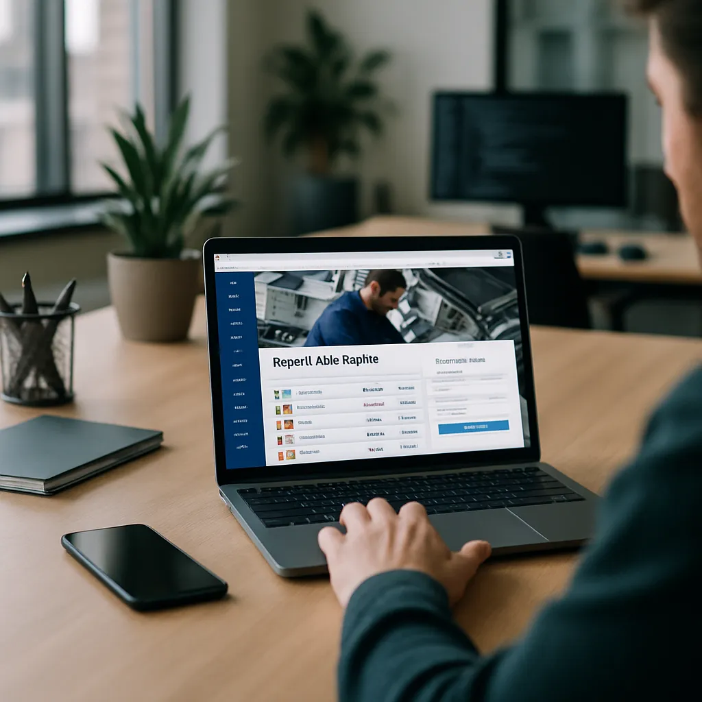 Mechanic using an auto repair web portal dashboard to manage customer bookings