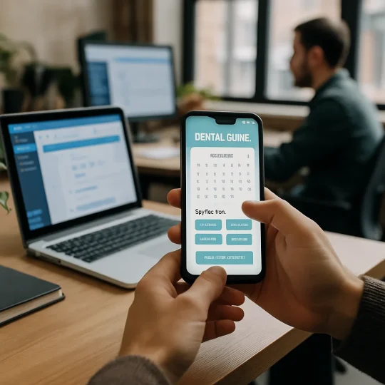 Smartphone showing dental clinic app features for booking a patient appointment