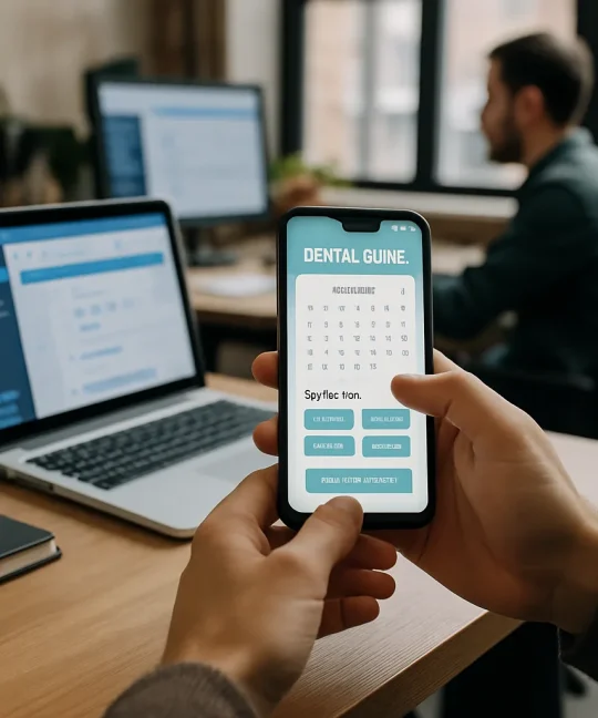 Smartphone showing dental clinic app features for booking a patient appointment