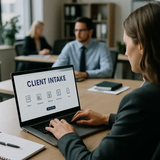 Attorney reviewing a law firm web portal dashboard showing client intake forms and case status.