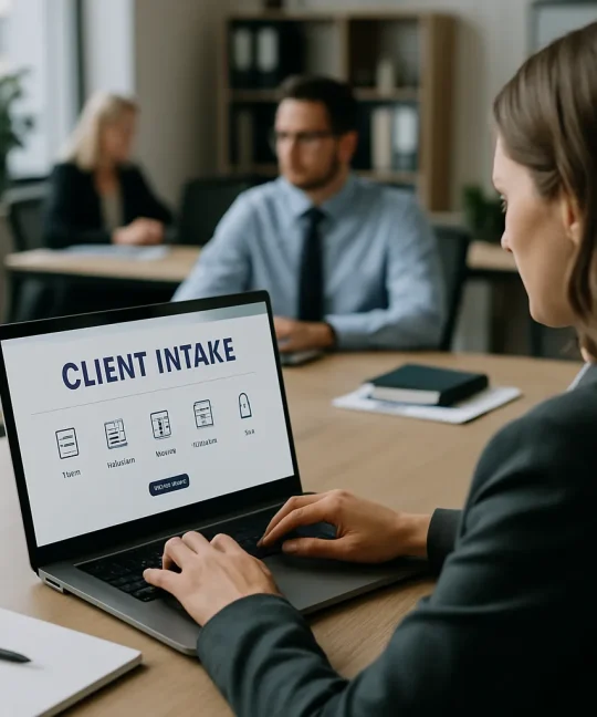 Attorney reviewing a law firm web portal dashboard showing client intake forms and case status.