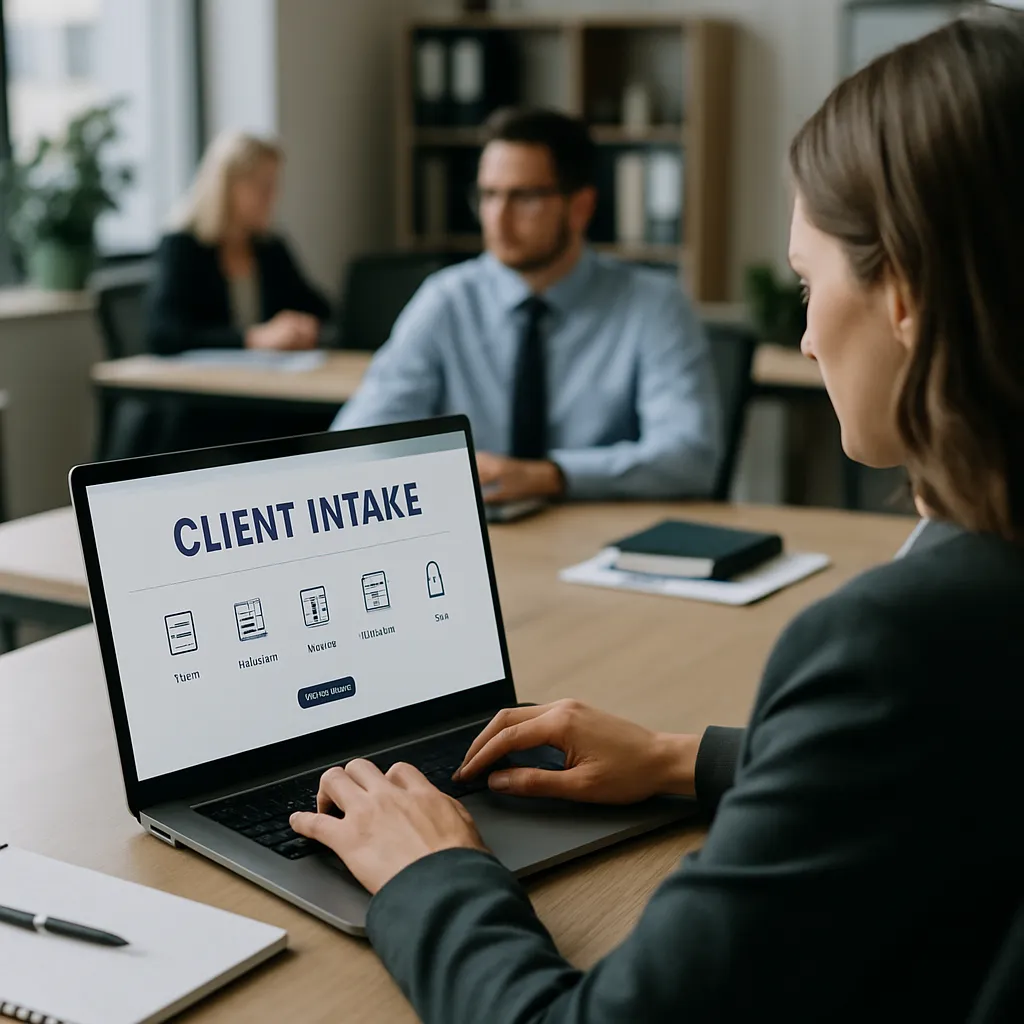 Attorney reviewing a law firm web portal dashboard showing client intake forms and case status.