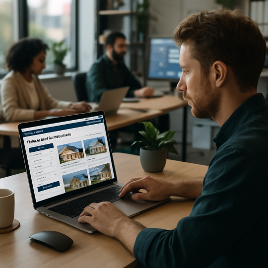 Modern real estate web portal dashboard showing property listings and buyer lead analytics