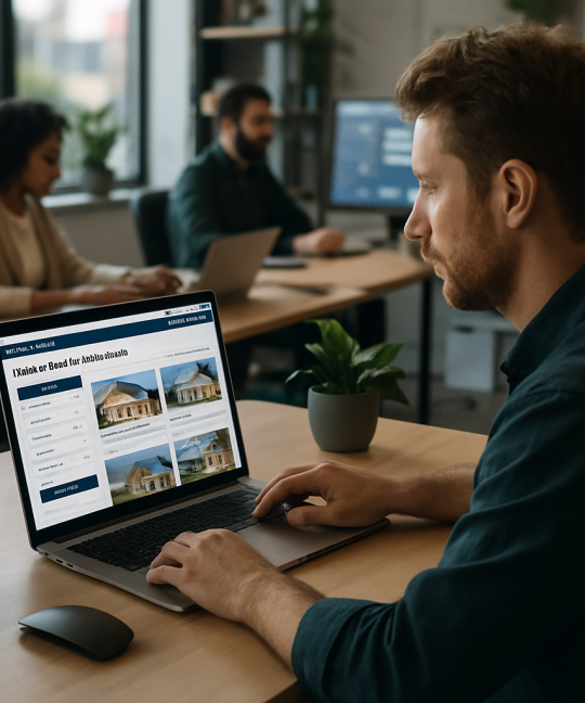 Modern real estate web portal dashboard showing property listings and buyer lead analytics