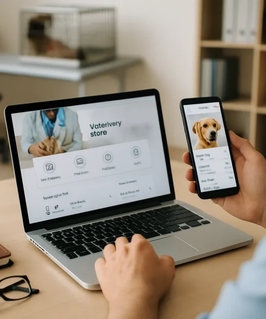 Pet owner using a veterinary clinic app on smartphone to book vet appointment