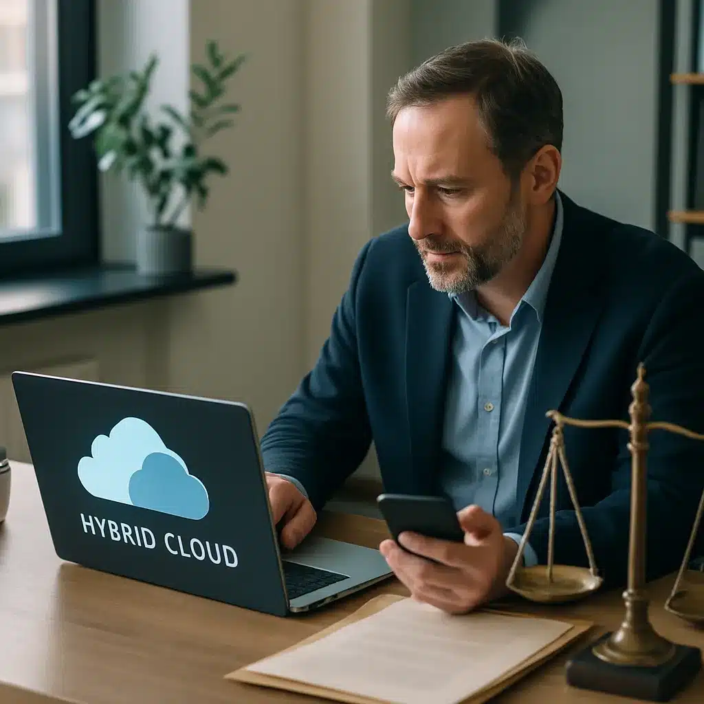 Attorney reviewing case files with a hybrid cloud for law firms dashboard on screen