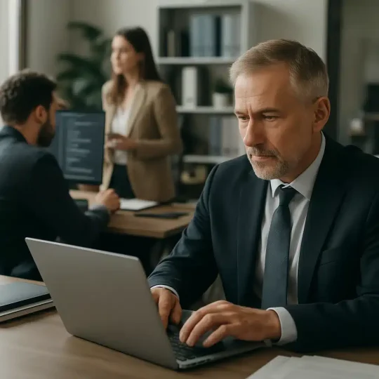 Attorney meeting with a fractional CIO for law firms reviewing tech strategy on a laptop