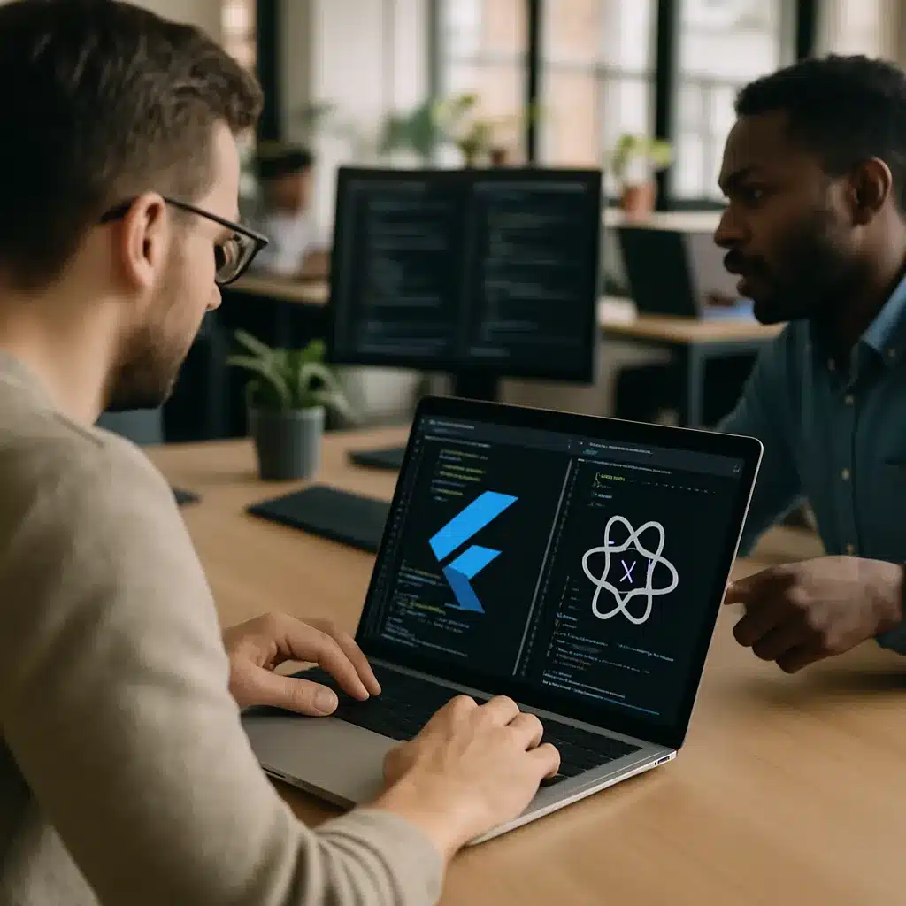 Developer comparing Flutter vs React Native code on dual monitors for a startup app