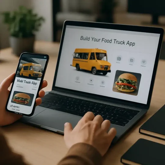 Mobile phone showing a food truck app with live location and menu